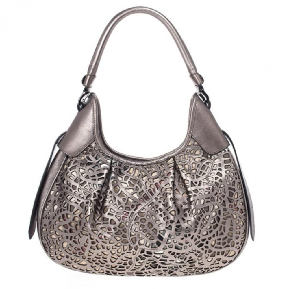 Burberry Metallic Nickel Lasercut Leather & Super Nova Check Brooklyn Bag